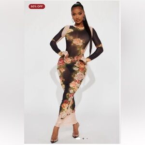 Fashion Nova- Venus Mesh Maxi Dress - Tan/Multi, maxi, size XL